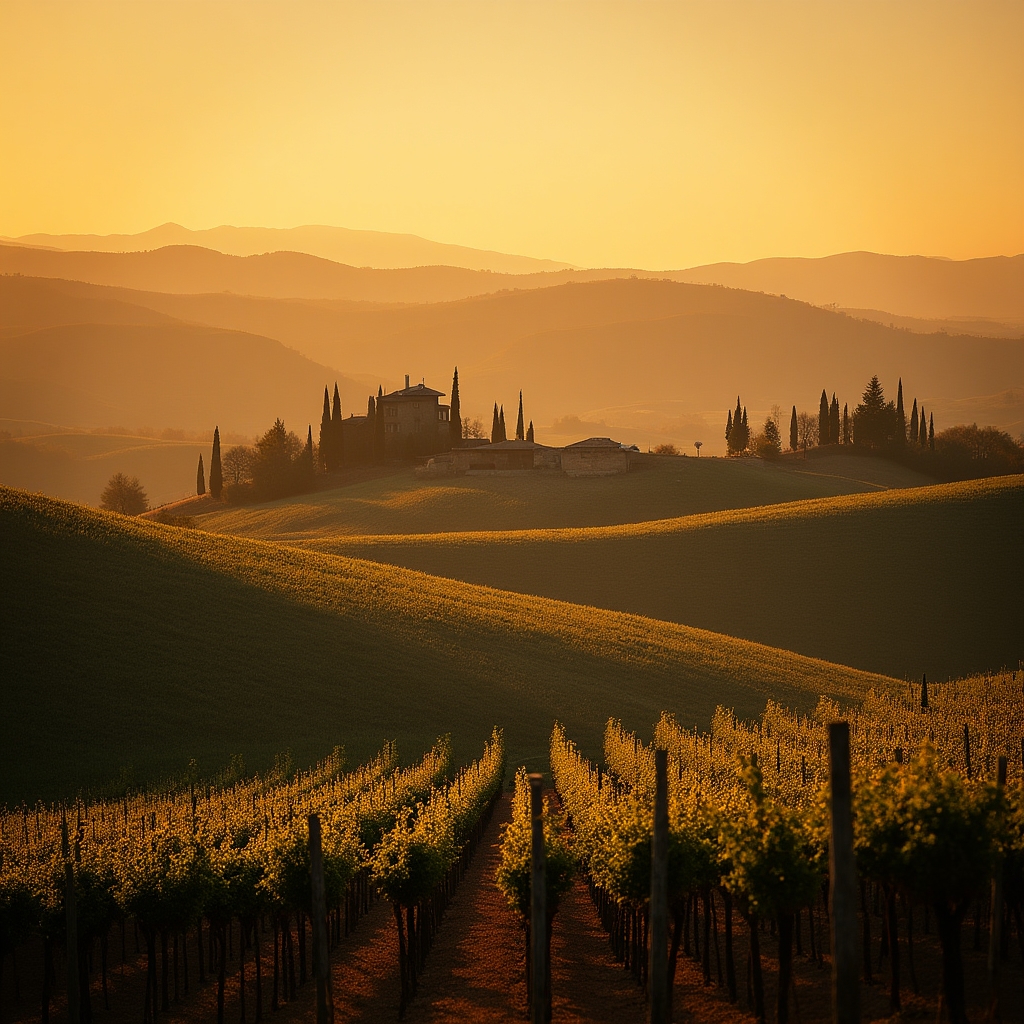 Vigneti del Chianti al tramonto con colline toscane