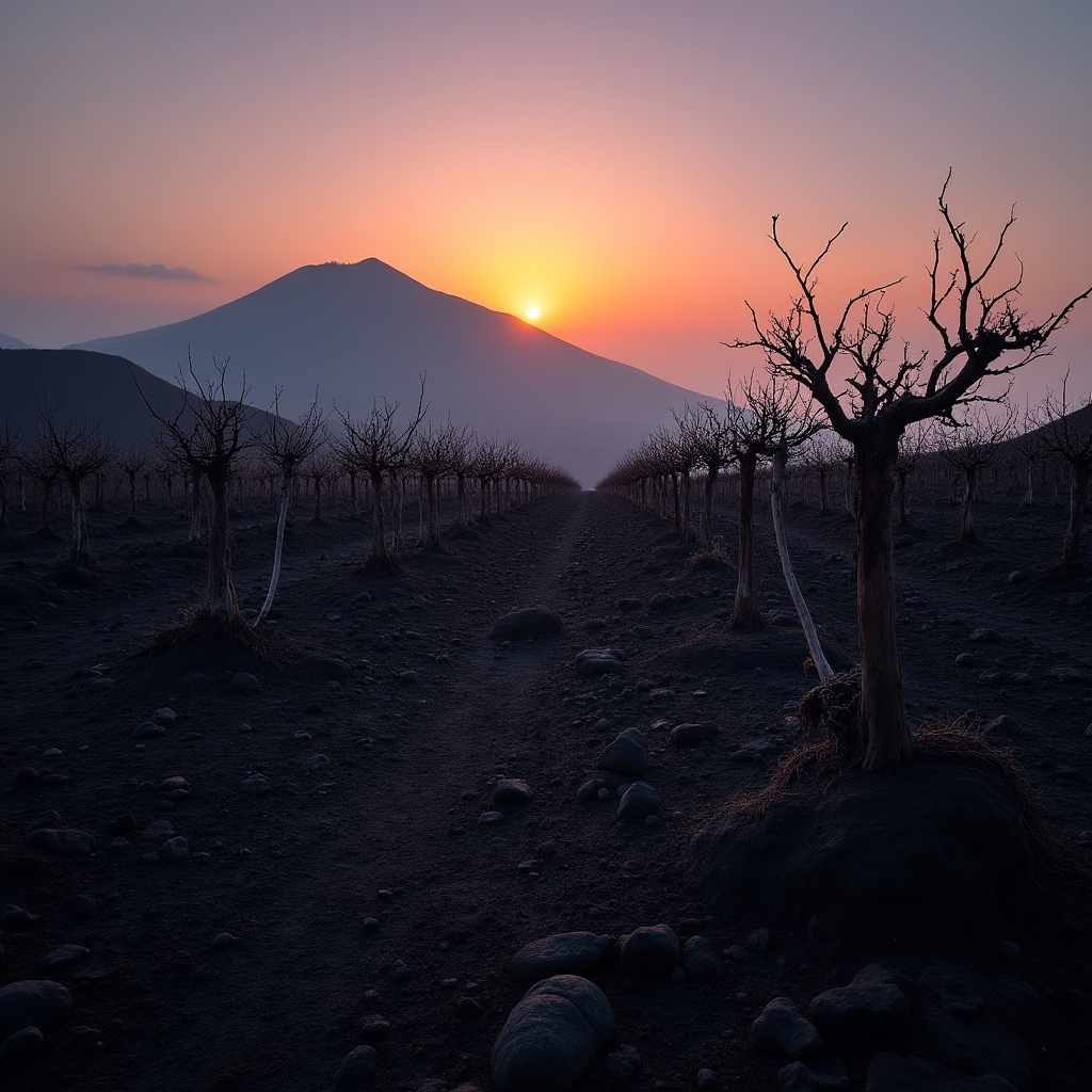 Vigneti sull'Etna con il vulcano sullo sfondo al tramonto