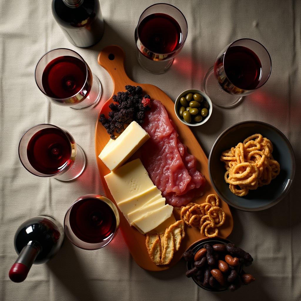 Tavola con abbinamenti cibo-vino tipici italiani