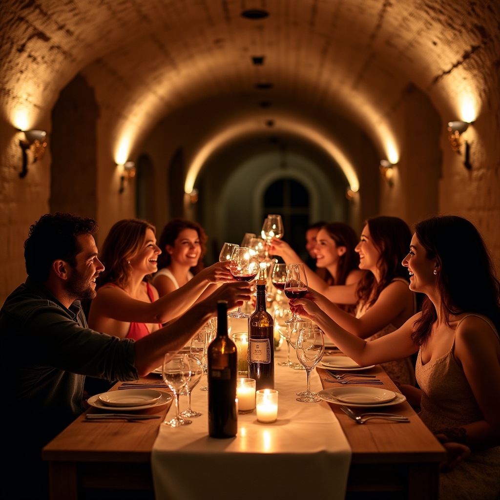 Gruppo di amici che celebra in una cantina italiana con calici di vino