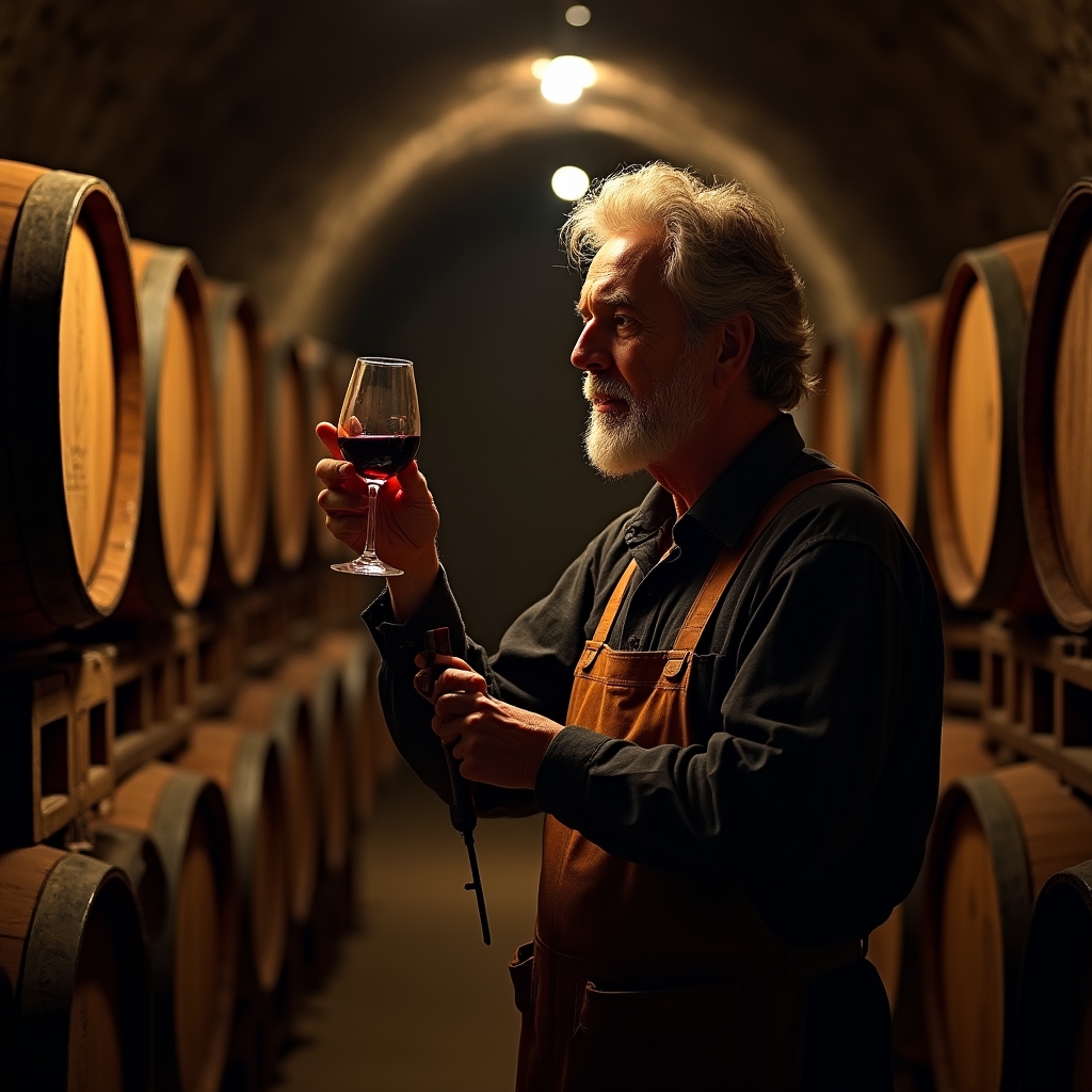 Produttore locale in cantina tra le botti di legno